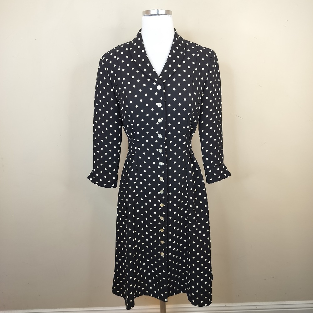 David Warren New York Polka Dot Shirt Dress 2P Petite Retro Vintage Black White